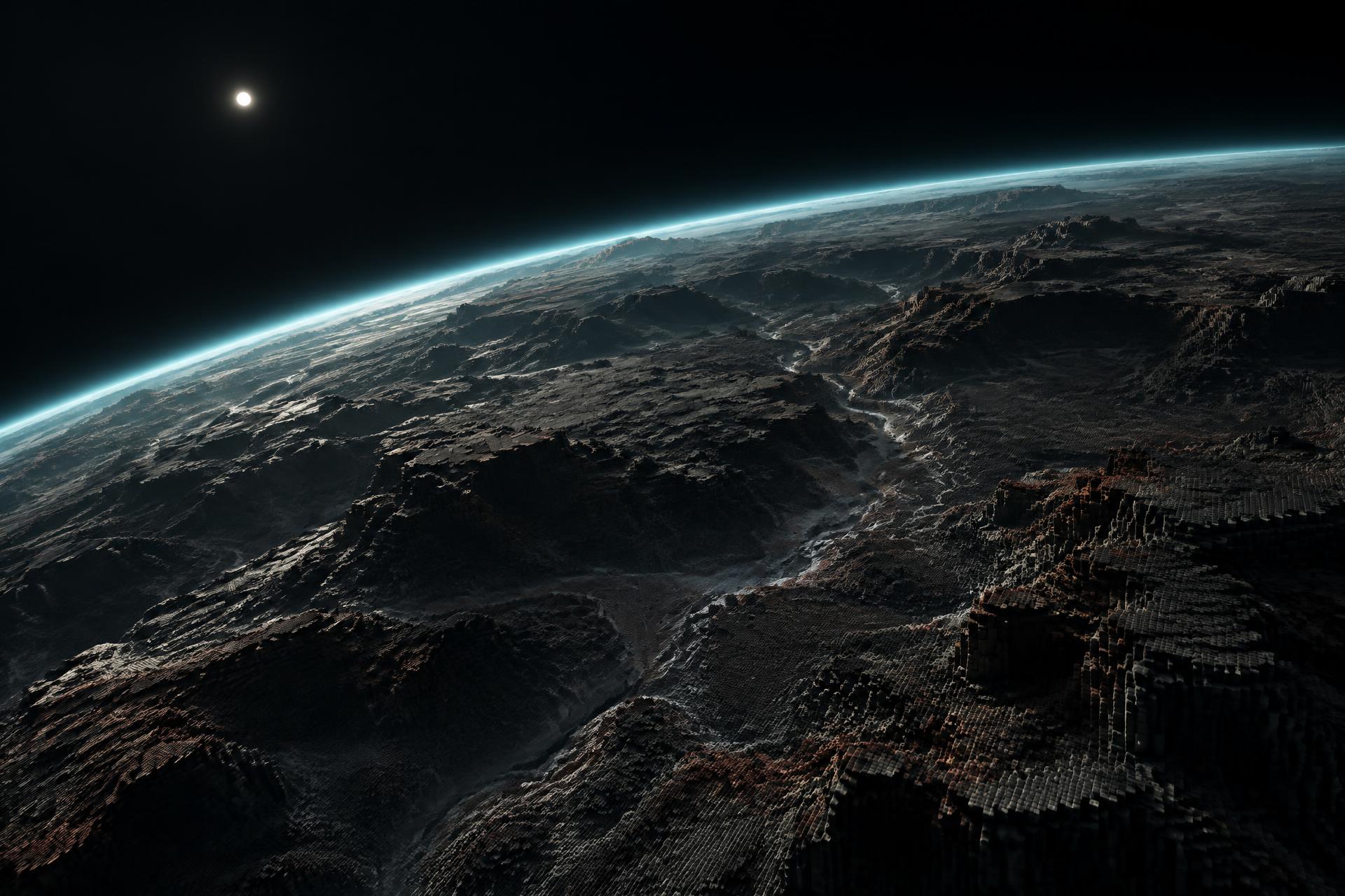 A dark, voxel-detailed planetary surface viewed from low orbit
